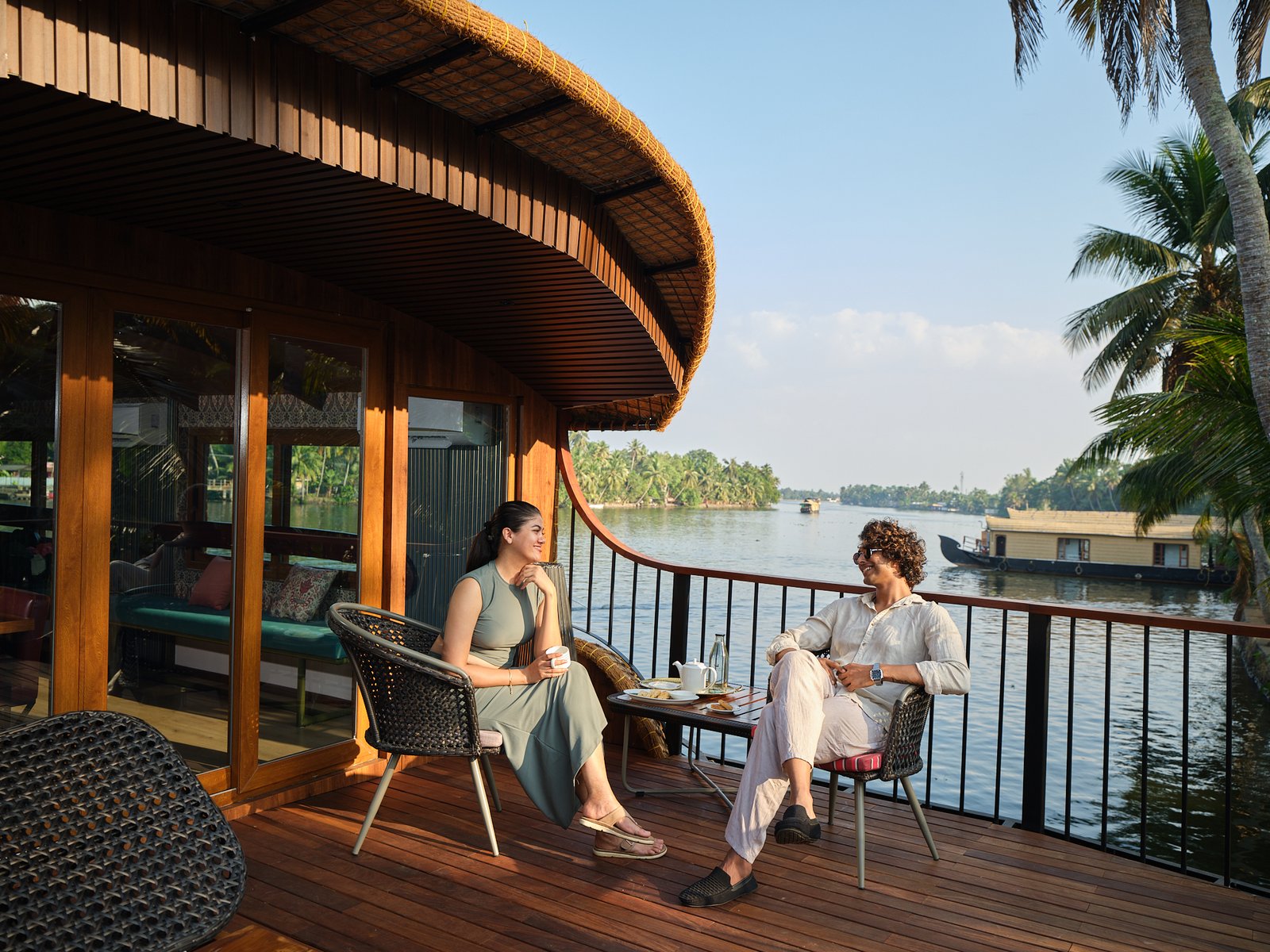 enjoying houseboat ride in Kerala